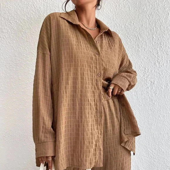 Brown Casual Women's Solid Drop Shoulder Shirt & Wide Leg Pants - Picture 4 of 6